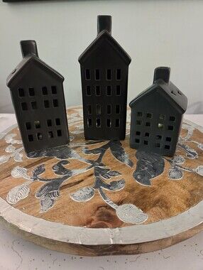 Set of 3 Black Ceramic House Lanterns
